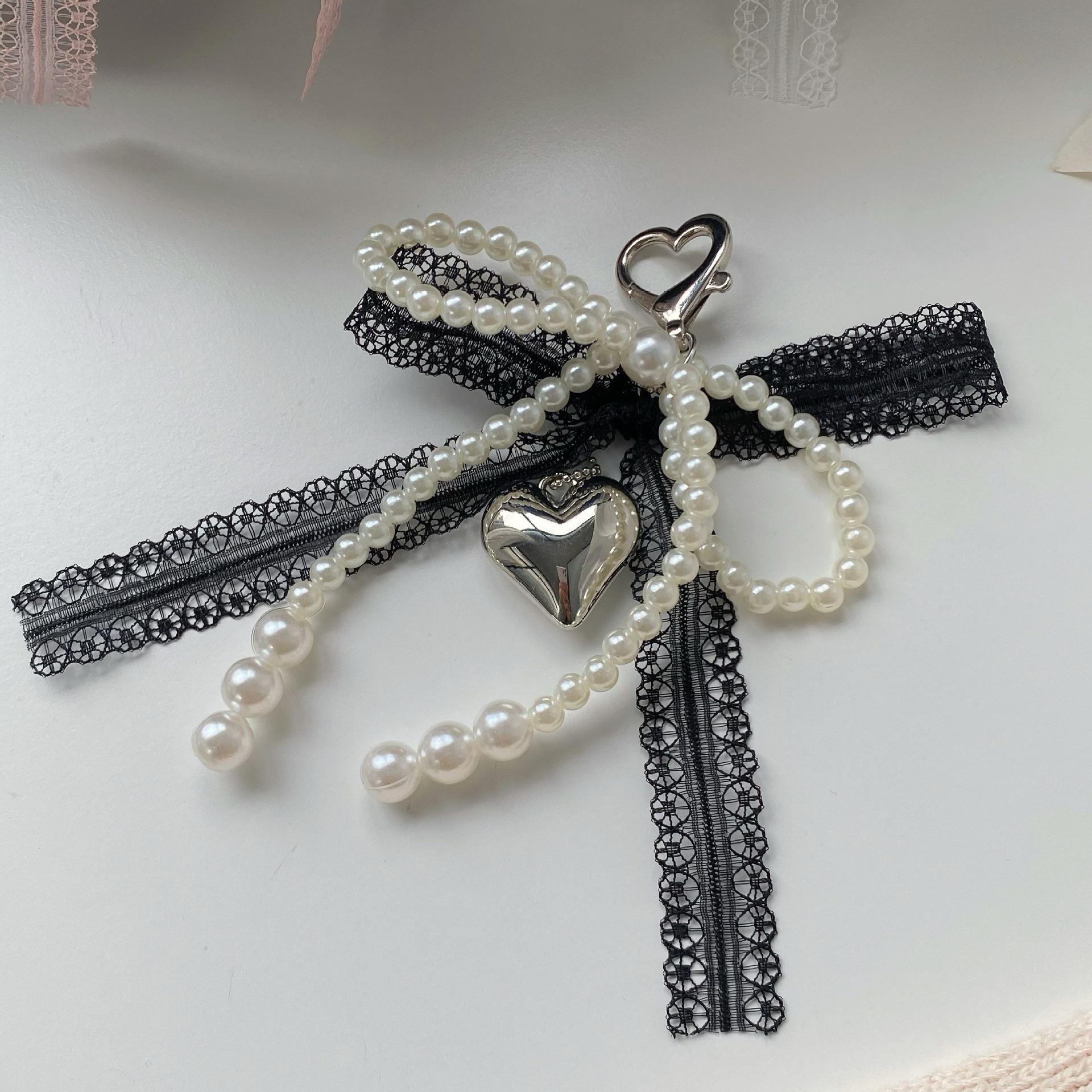 Imitation Pearls Lace Bowknot Keychain Sweet Beaded Pendant Keyring for Women Handbag and Backpack Key Chain Exquisite Ornament чёрный