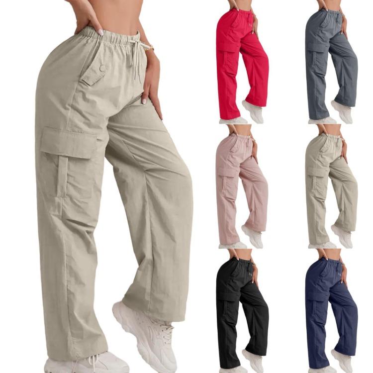 Quick Dry High Waisted Cargo Pants Women Solid Color Wide Leg Sports Pants Casual Drawstring