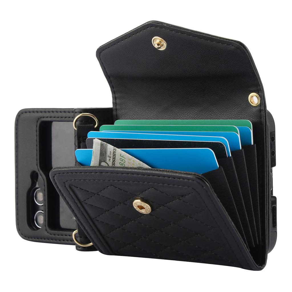 For Samsung Galaxy Z Flip7 FE 5G/Z Flip6 5G Case Card Holders PU Leather+PC Phone Cover with Detachable Shoulder Strap