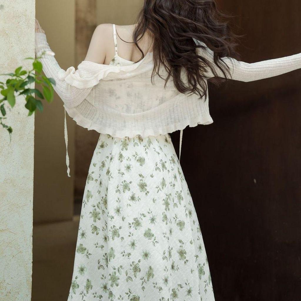 Elegant French Floral V-Neck Spaghetti Strap Dress Set – Fairy Forest Style