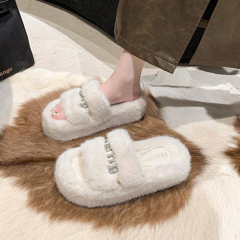 Premium sense versatile fluffy slippers women's autumn and winter new outer wear thick bottom heightening one-word cotton mop