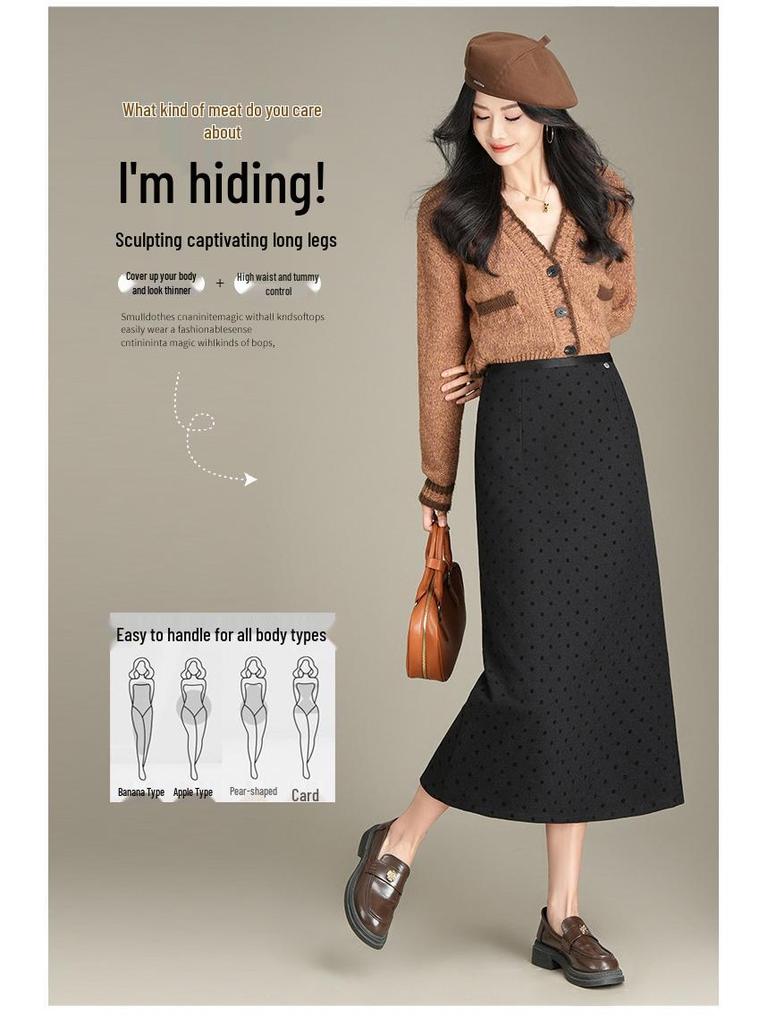 2025 Korean Grey Polka Dot Wool A-Line Skirt: Women's Autumn/Winter Straight Cut, Mid-Length with Back Slit