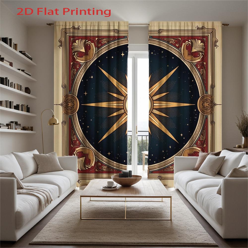 Set Of 2 Flat Printed Curtains Medieval Style Star Compass Pattern Dark Blue Red Golden Starry Sky Design Curtain Polyester