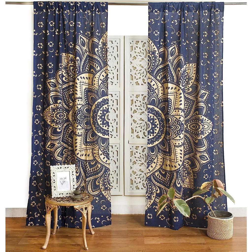 3D Print Black and Gold Hippy Mandala Curtain 2 Pieces Free Shipping Thin Curtains Room Bohemian Decoration Bedroom Living Room