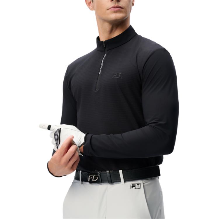 FILA Golf Series Knitted Stand Collar Half Zip Long Sleeve T-Shirt Men Tops Deep-Black A11M445206F-BK