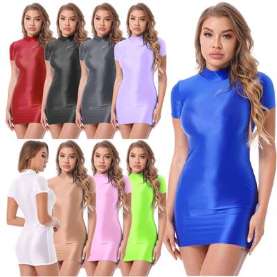 Parlak Bodycon Elbise Clubwear Bayan Seksi Kısa Kollu Mock Boyun Petrol Parlak Mini Elbiseler Rave Kutup Dans Sahne Giysileri