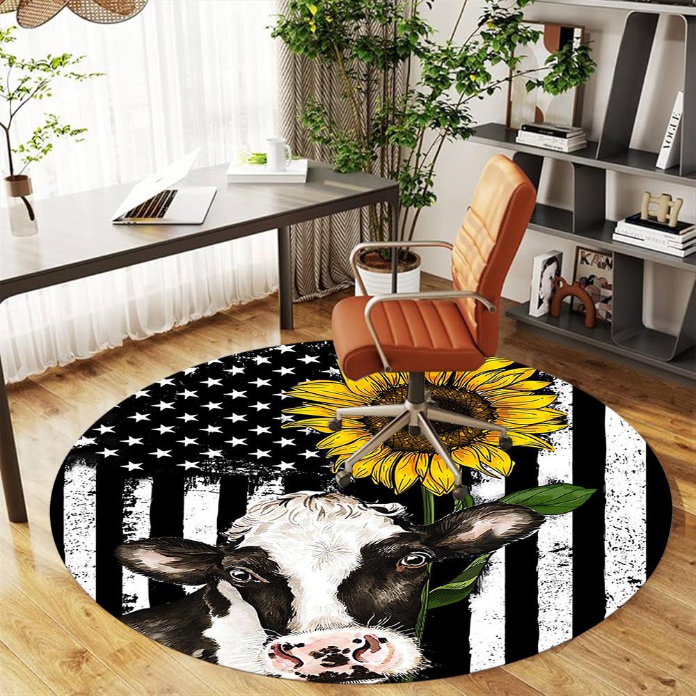 1 Stück Kuh Sonnenblume Runder Stuhlmatte Teppich - Rutschfest, Fußmatte für Büro, Schlafzimmer und Innenraum Dekor c1118196
