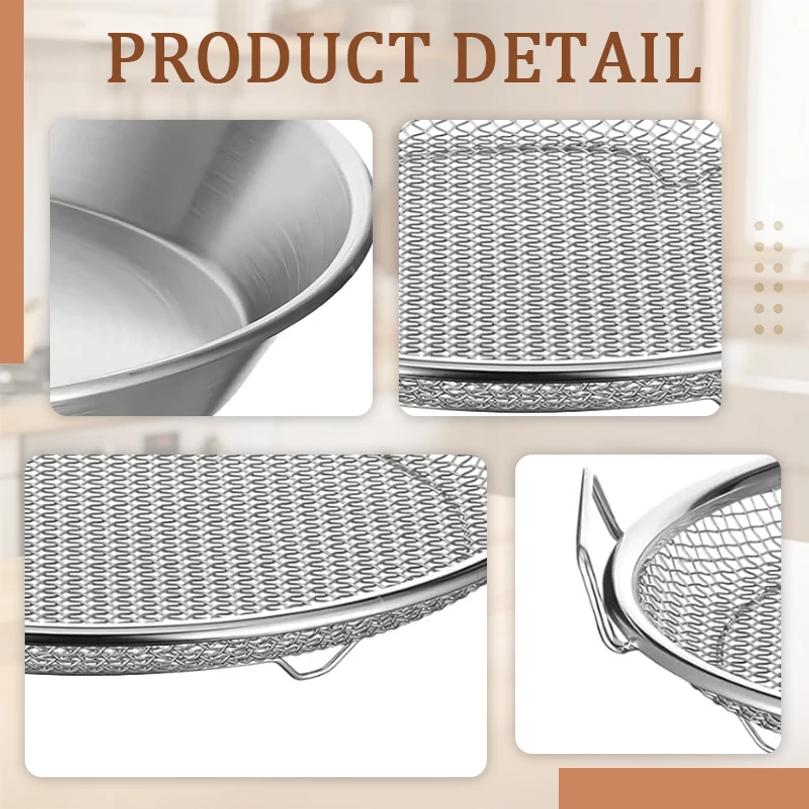 Polished Stainless Steel Oil Filter Tray, Reusable Round Mesh Basket for Frying/Grilling,All-Season Kitchen Strainer with Handle