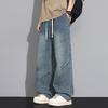 Men's Vintage Blue Wide Leg Drawstring Cargo Jeans - Oversized Streetwear Baggy Denim Trousers