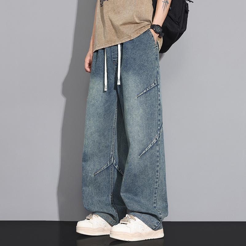 Men's Vintage Blue Wide Leg Drawstring Cargo Jeans - Oversized Streetwear Baggy Denim Trousers