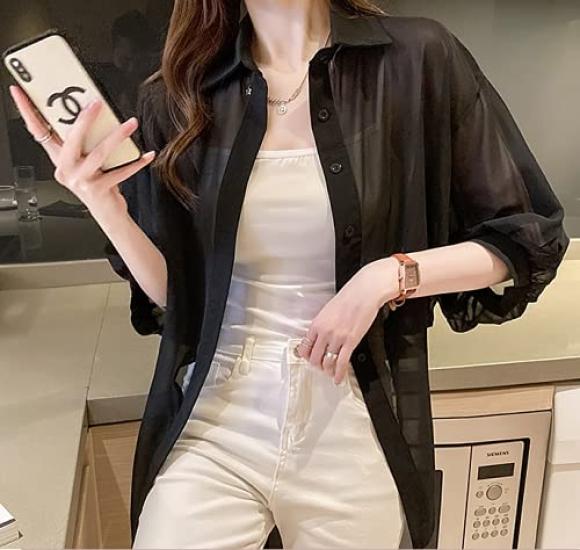 SANYIN Sheer Loose Solid for UV Chiffon Sleeves Women's Cardigan, Lightweight, Fit, Color, Spring/Summer, Protection, Sunscreen, Top, 3/4 (Black)
