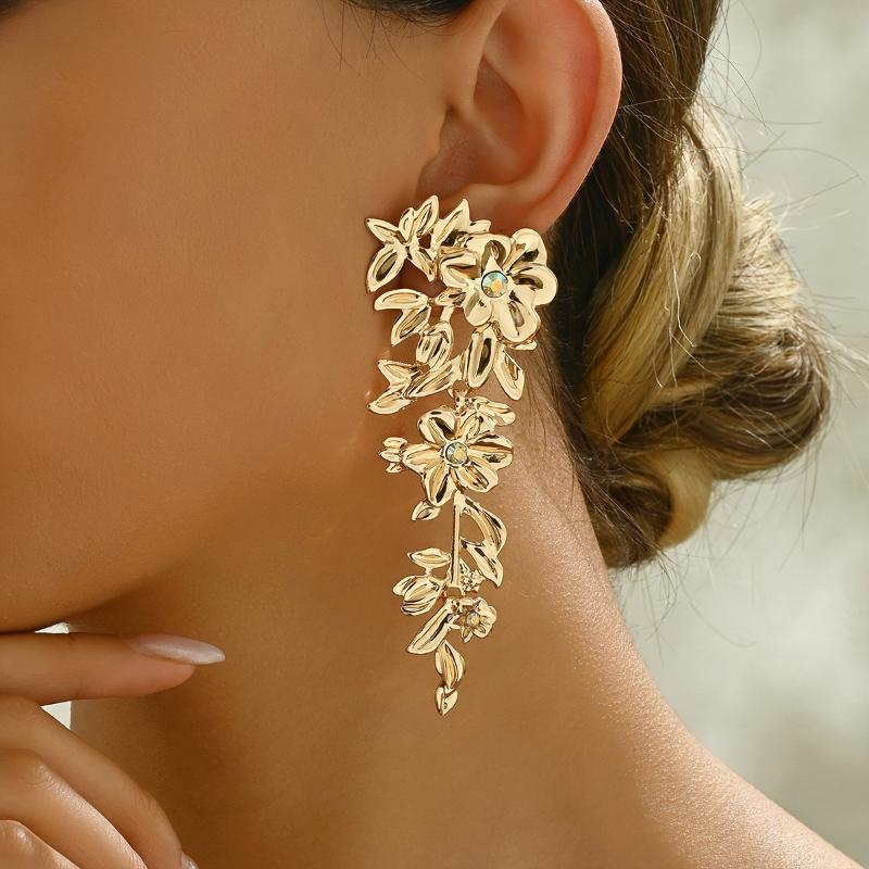 New Personalized Punk Style Flowers Long Drop Earrings Ladies Fashion Trend Holiday Party Accessories Zircon Gifts