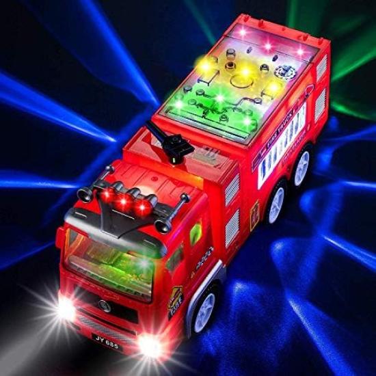 Zetz Brands Electric Fire Truck Toy for Kids - Bright Flashing 4D Lights and Realistic Siren with Sounds  Bump and Go Fire Truck for Boys  Auto