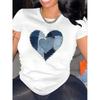 European Size Women's Luck -  White T - Shirt: Patchwork Heartbeat Tee - Denim Dreams Edition