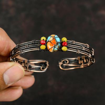 Stachelige Auster Kupfer Türkis Armreif Gelbe & Rote Korallenperlen Armspange Kupferdraht umwickelter Schmuck Verstellbarer Armreif Edelstein Armspange Handgefertigter Armreif