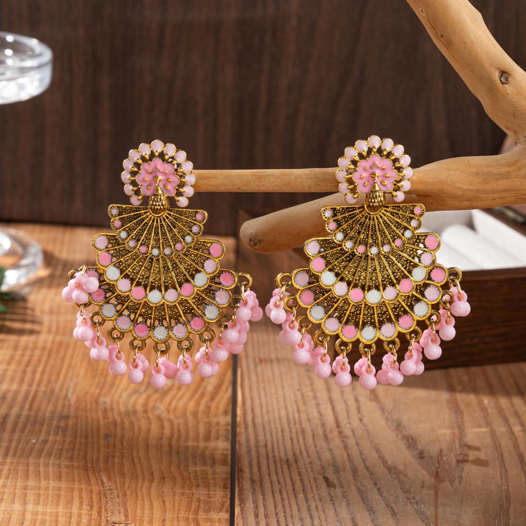 Indian Painted Peacock Feather Beaded Tassel Earrings Bohemian Fashion Colorful Handmade Beaded Earrings for Women