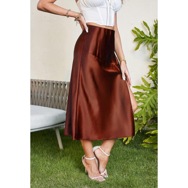 High Waist Satin Solid Color Split Long Bustier Skirt