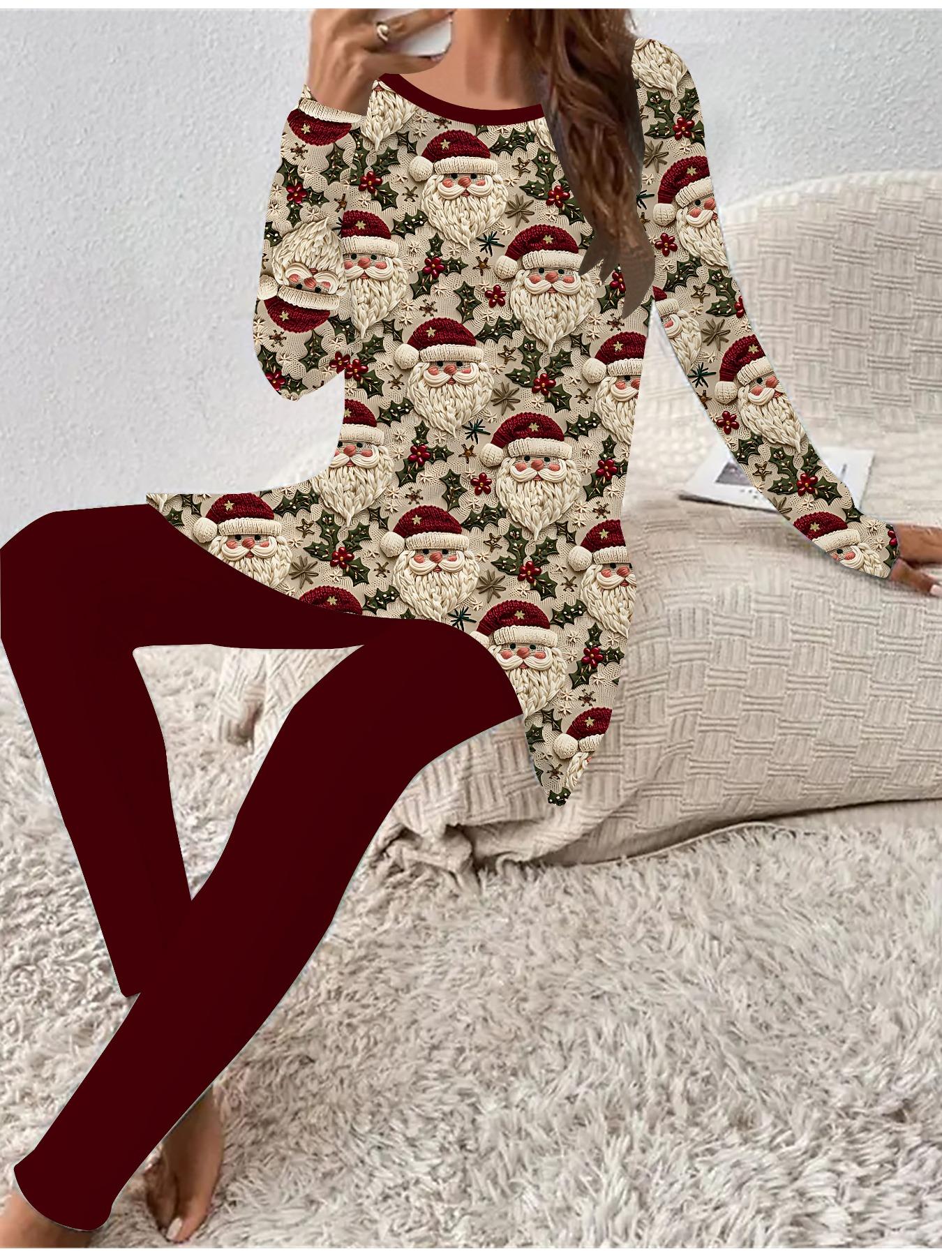 

Євро-американська мода 3D Різдвяний принт Жіночий Чотирисезонний Комплект з двох предметів: Футболка з довгим рукавом + Довгі штани. Ідеальний подарунок на Новий рік та Різдво 8XL бежевий