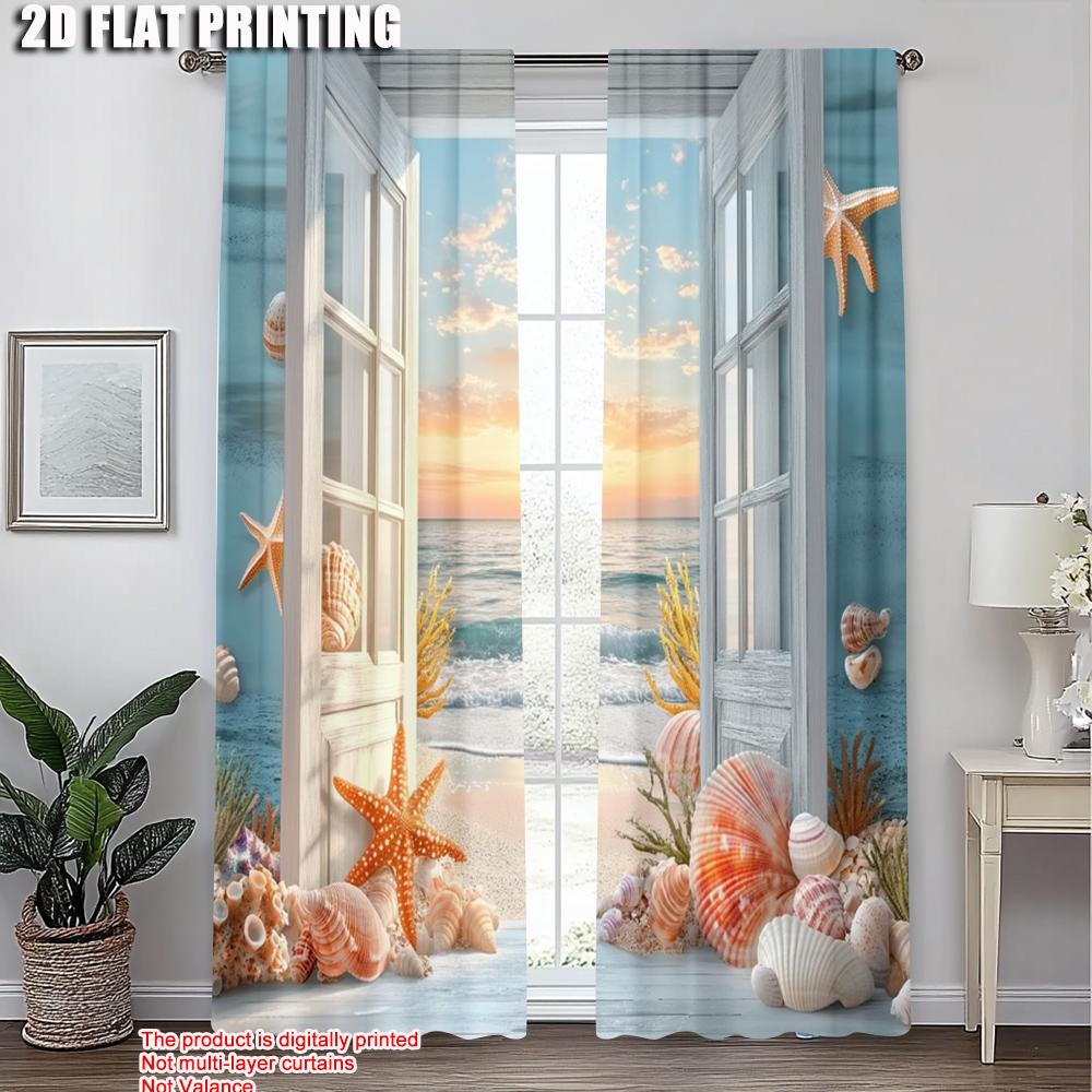2pcs, Creative Curtains 2D print Ocean Starfish And Seashells Machine Washable Fabric (without rod) Art Deco Festive Perfect for