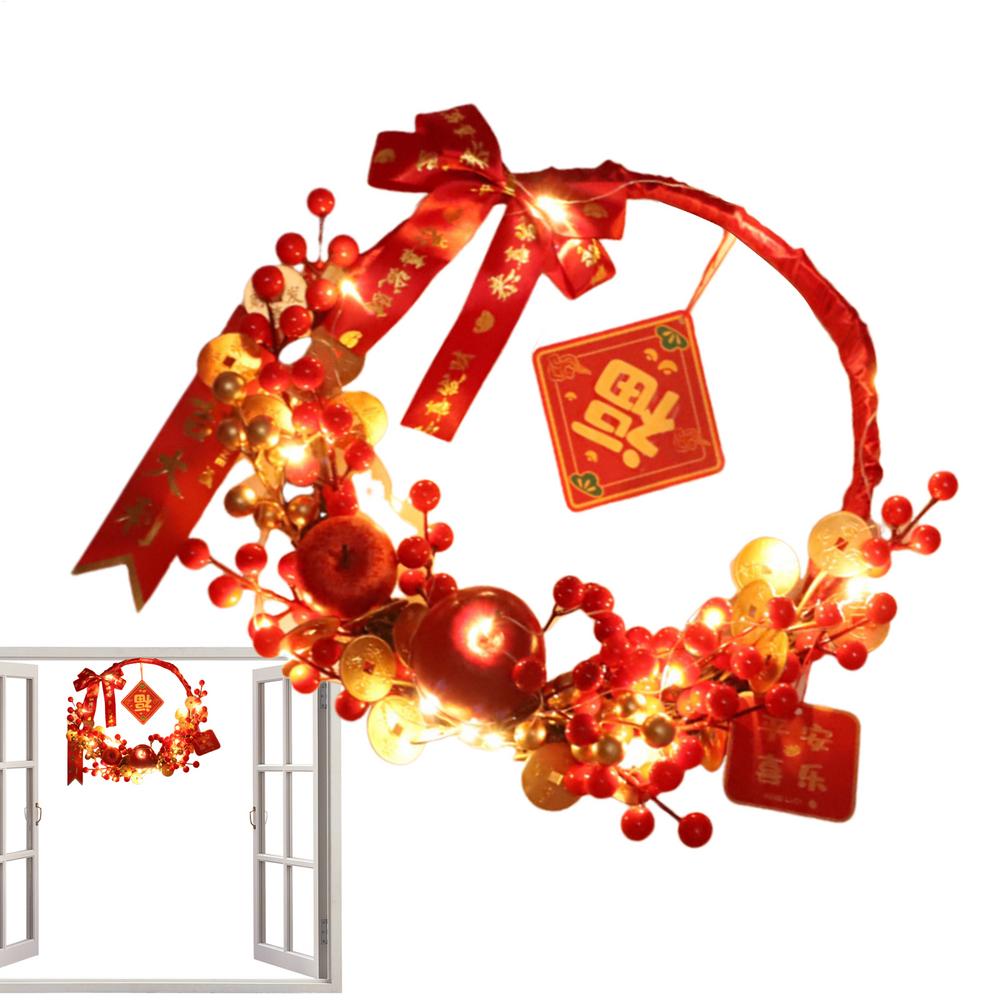 New Year Red Artificial Flower Ornament Good Luck Traditional Chinese Signs Front Door Wreath Artificial Wreath Built-in Led