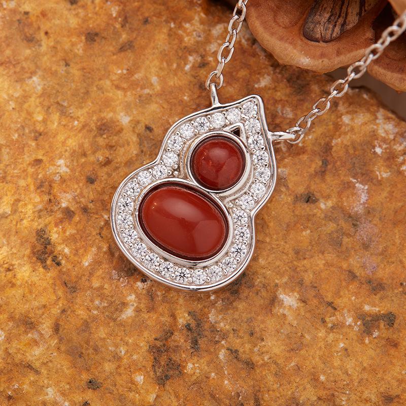 Natural Garnet Turquoise Hetian Jade Lapis Lazuli Nanhong Gourd Pendant Necklace Women'S Set S925 Sterling Silver Colored Treasure