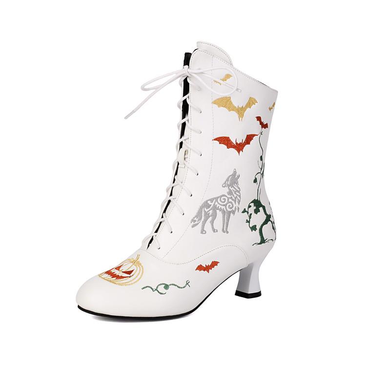 Fashion 2025 New Trend Bat Embroidered Boots Women Vintage Kitten Heels Halloween Cosplay Boots Mid-calf Lace-up Party Shoes 46