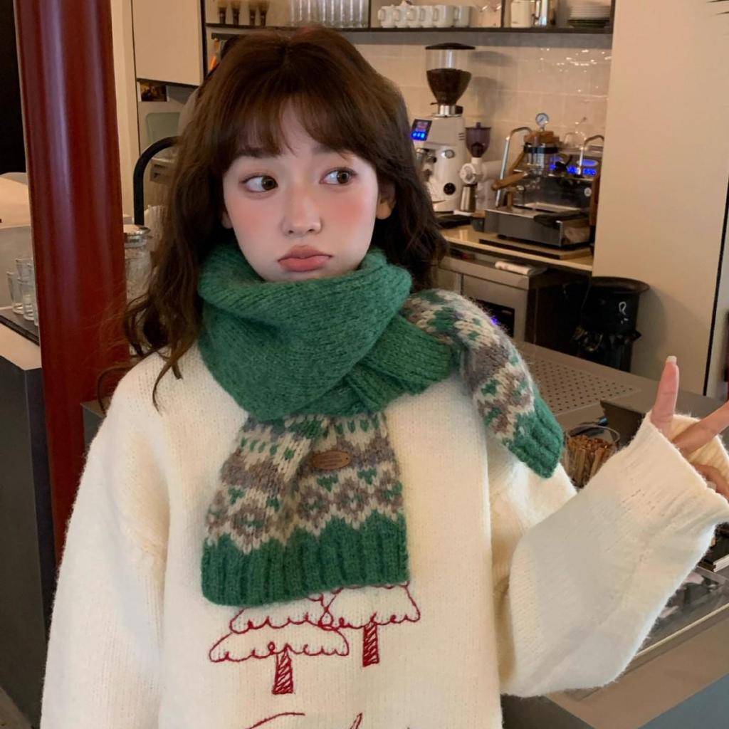 Fair Isle Damen Roter Wollschal - Koreanischer Stil Winter 2024 Halswärmer