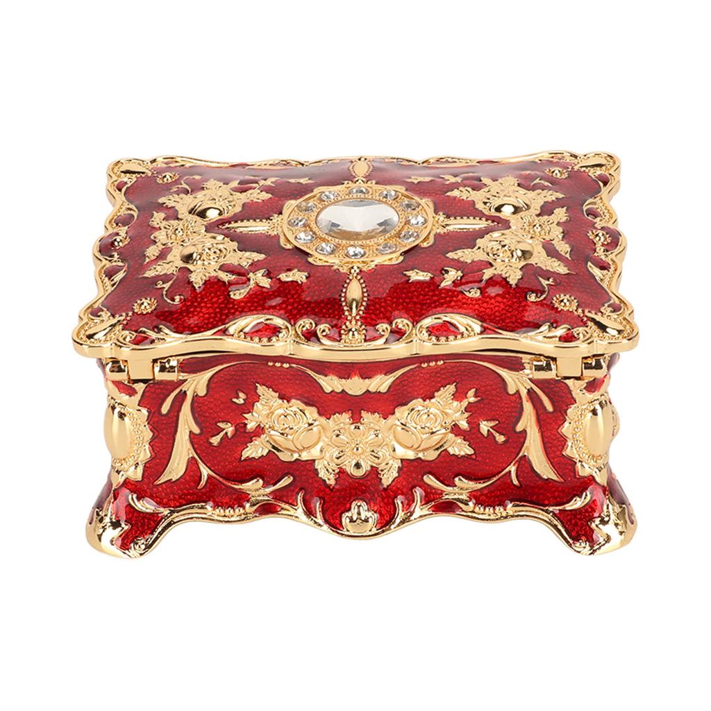 Red Rhinestone Jewelry Box Vintage Flower Engraved Earrings Rings Necklace Storage Organizer Box