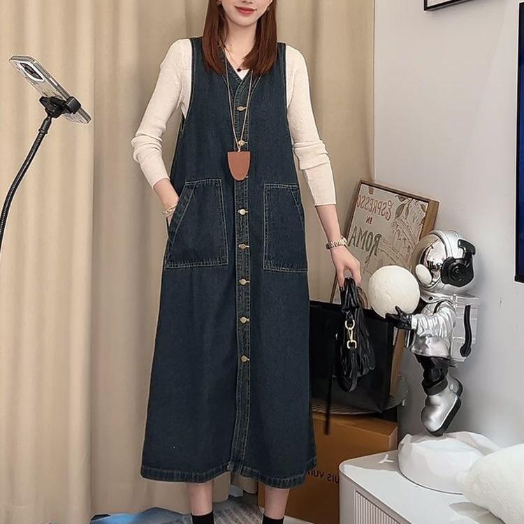 Korean Retro Denim Vest Skirt Suit Women's Autumn Knitted Top Slimming Dress Two-piece Set