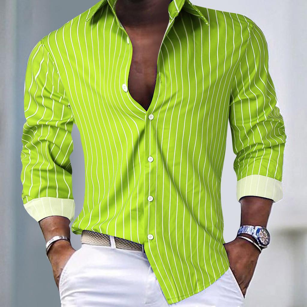 Men'S Striped Lapel Cardigan Hot Selling Striped Long Sleeved Shirt