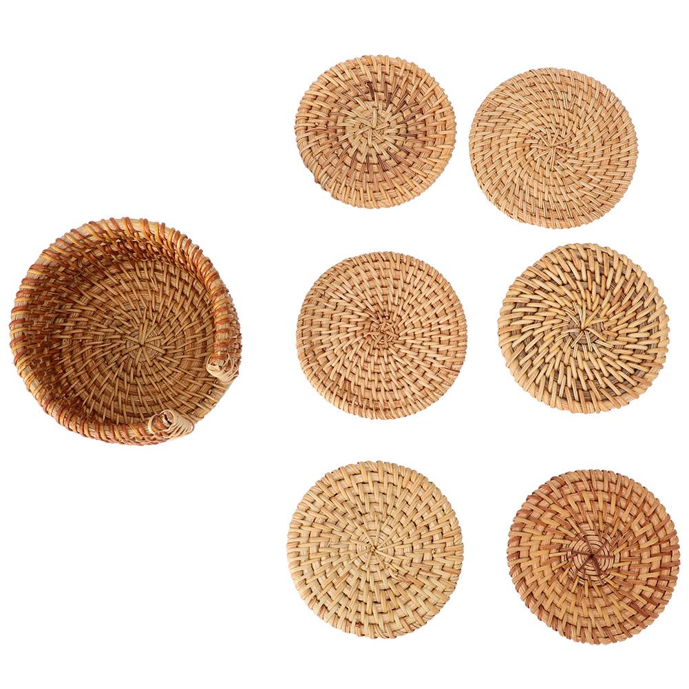 ZK50 6pcs Vintage Rattan Drinks Tea Cup Mats Coasters Round Teapot Insulation Mat Decoration
