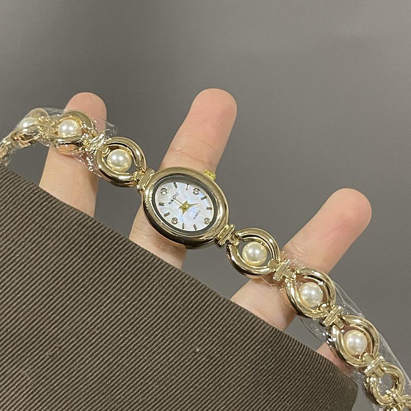 Bracelet Watch Women S Oval Steel Belt Medieval Light Luxury Imitation Pearl Watch Temperament