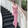 2025 French Spicy V-neck Knitted Bodycon Camisole Dress - Sexy, Slimming Hip Wrap Style for Summer