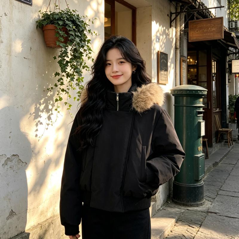 New Hooded Versatile Down Cotton-padded Women's Winter Warm Big Fur Collar Short Thickened Cotton-padded Jacket Women's Jacket