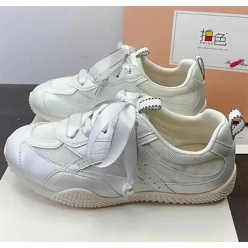 Fashion Silver Air Mesh Satin Shoelaces Lace Up Sneakers 2025 New Fashion Women Casual Shoes Round Toe Platform Training Shoes