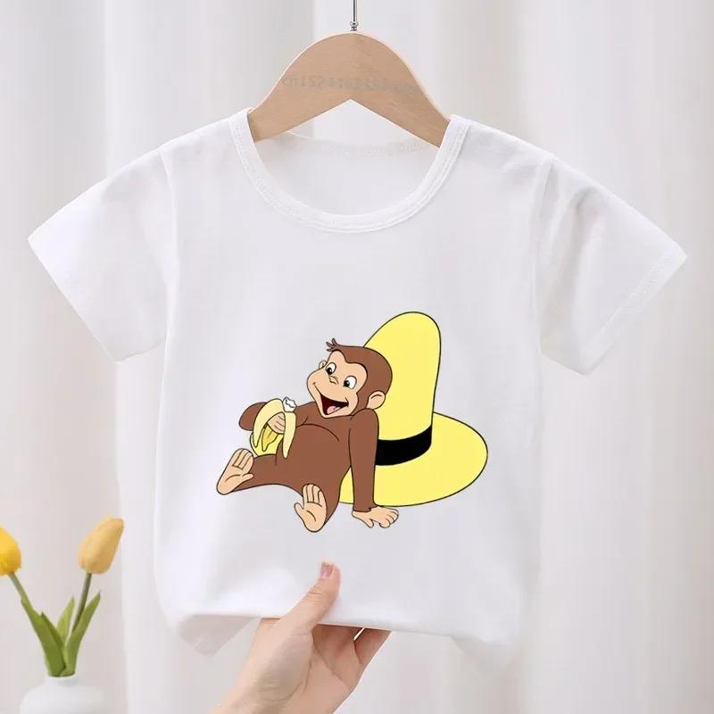 Curious George Roztomilý opičí potisk Dětské tričko Dětské oblečení Letní Oblečení pro holčičky Chlapecká trička s krátkým rukávem
