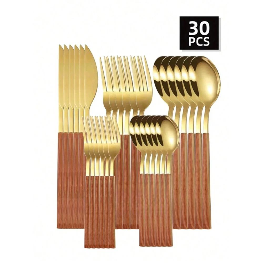 5/20/30pcs Stainless steel cutlery set with imitation wood handles, including knife fork and spoon suitable for home hotel party