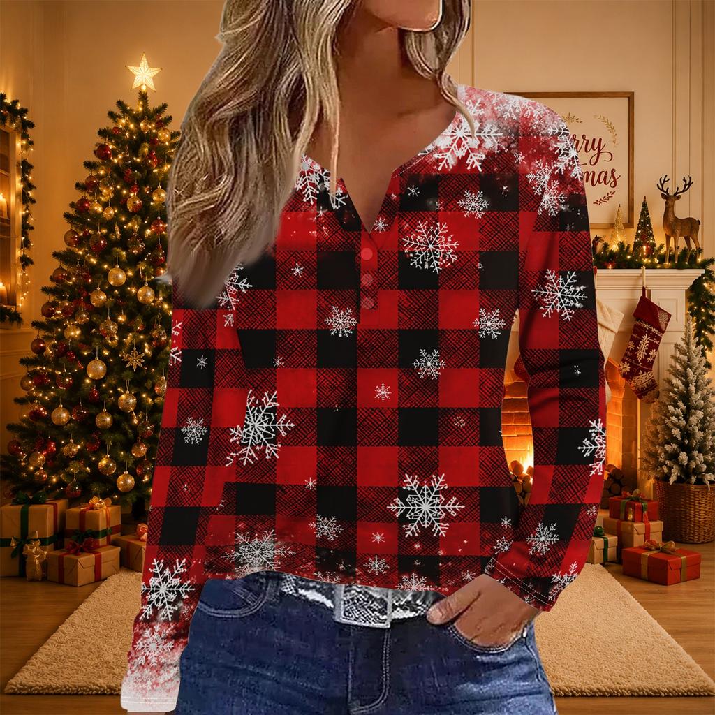 Women's Casual Christmas V-Neck Long Sleeve Button T-Shirt Top for Holiday Celebrations