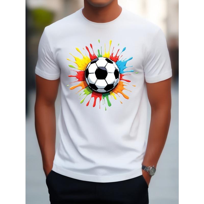 Men's Soccer Pattern T-Shirt - Regular Fit, Slightly Stretchy Fabric,Colorful Soccer Ball Print,Casual T-Shirt for Sports Enthusiasts,for Leisure Wear