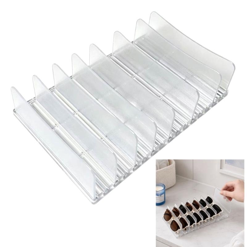 Clear Glasses Holder Organiser with Detachable Dividers, Eyeglasses Rack for Desktop Display, Bedroom Counter Storage, Sunglasses Sorting and Store