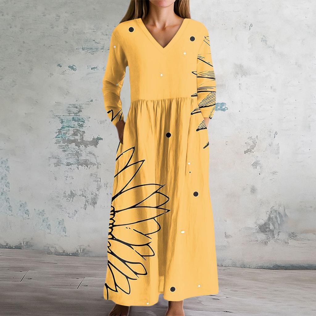 Damska Sukienka Modowa Wiosenna Sukienka z Dekoltem V i Długim Rękawem