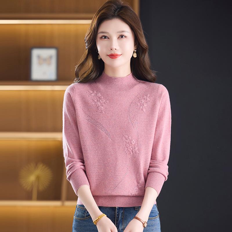 Autumn/Winter 100% Pure Wool Sweater for Mature Women - Knitted Base Layer with Stylish Embroidered Half-High Neck