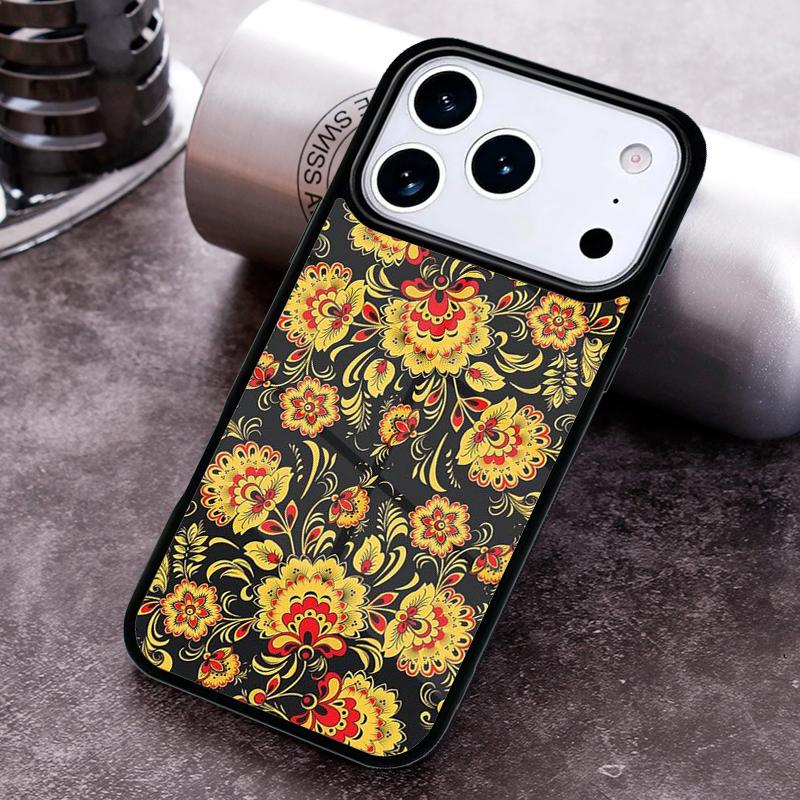 Khokhloma Russian Pattern Flower Phone Case for iPhone 17 16 15 Pro Max Air 14 13 12 11 Plus Shockproof Cover