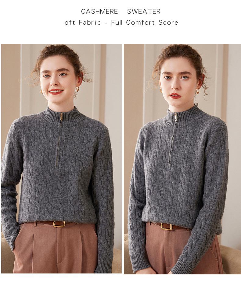 Women's Cable Knit Cashmere Zipper Sweater – Thick High Collar, Warm and Loose for Autumn Winter