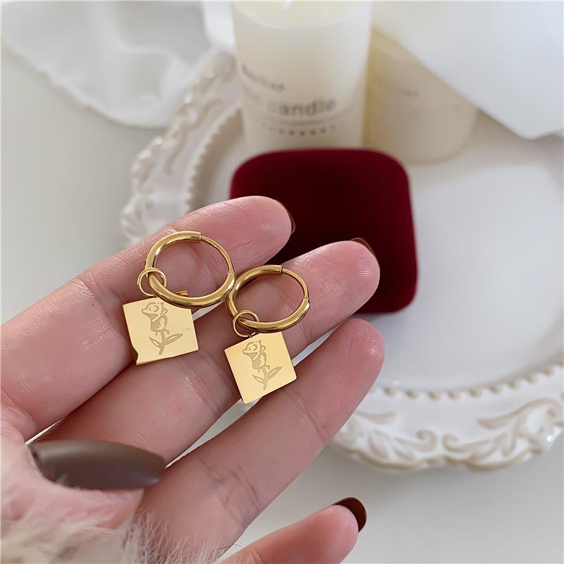Ramos Round Coin Drop Earrings For Women Stainless Steel Earring Geometric Square-shape Earings Plated Gold Trendy Earing Jewell