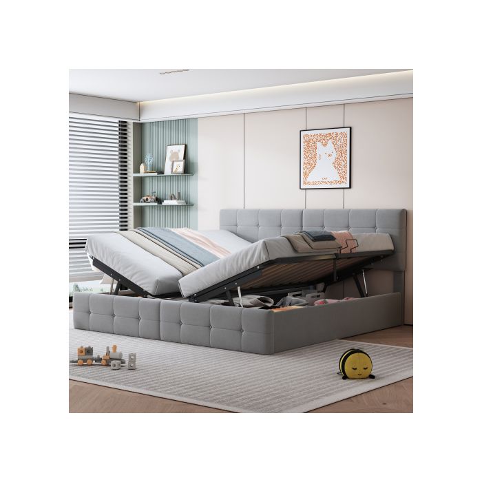 Lit Rembourré 180x200 Cm, Lit De Rangement Hydraulique, Lit Surélevé, Lit Double Multifonctionnel, Gris