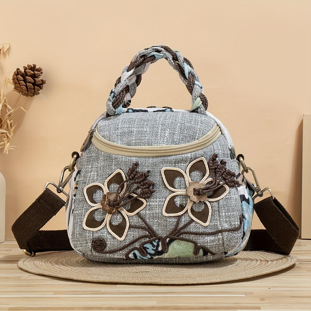 Ethnic Style Handmade Flower Canvas Women'S Small Tote Bag 2025 Summer Shopping Crossbody Shoulder Bags Casual Retro Female Handbag
