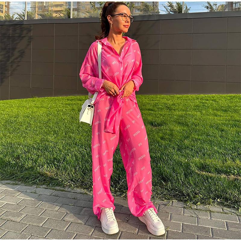 

Летний женский комплект из 2 предметов, брюки, повседневный прозрачный праздничный кардиган и женские брюки с высокой талией, спортивный костюм 2025 L розовый