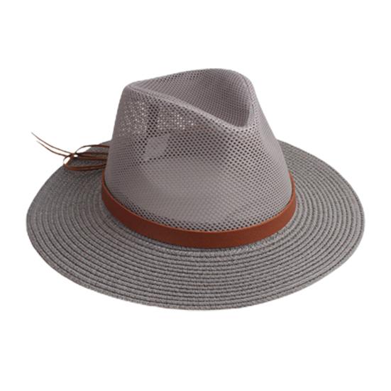 

Strap Decor Adjustable Drawstring Hollow Out Cowboy Hat Man Breathable Holes Straw Sunshade Hat Adult Headwear сірий