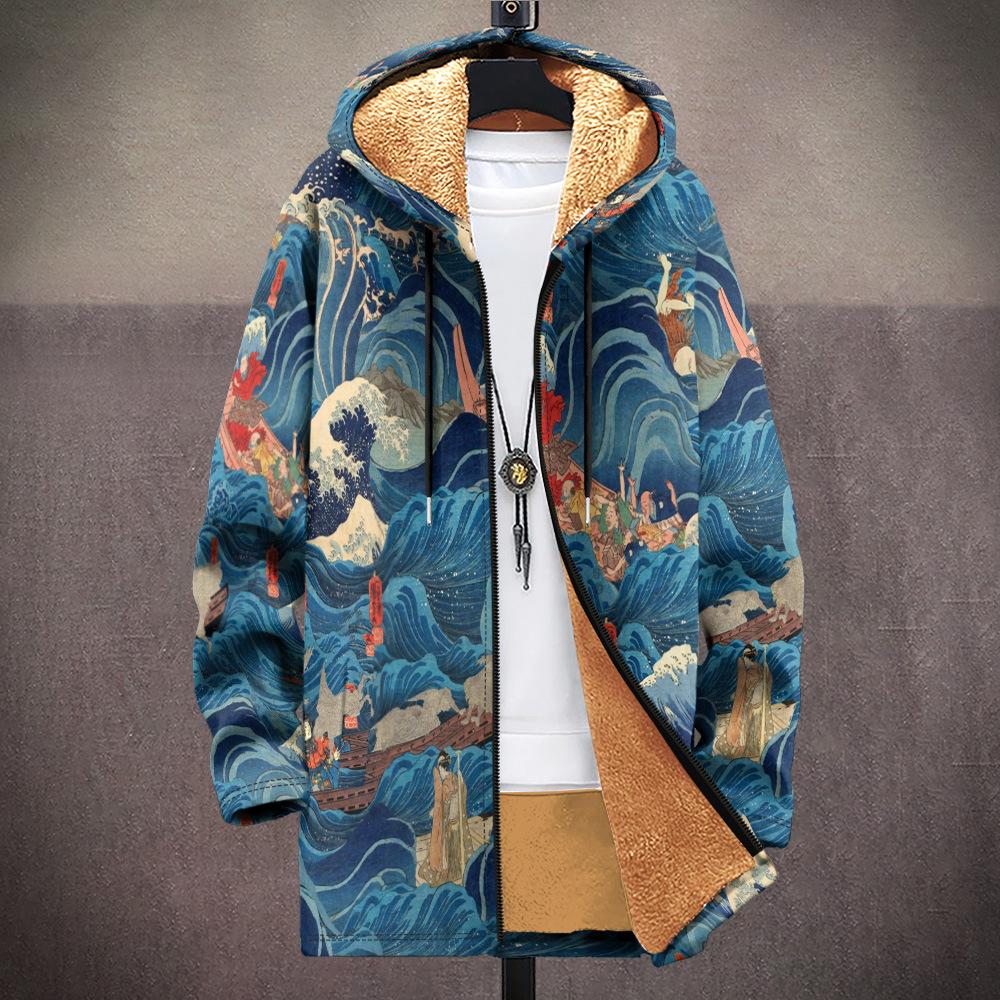 Men's Fleece Cardigan Coats 3D Print Chinese Style Plush Thick Winter Jackets Casual Streetwear Clothing